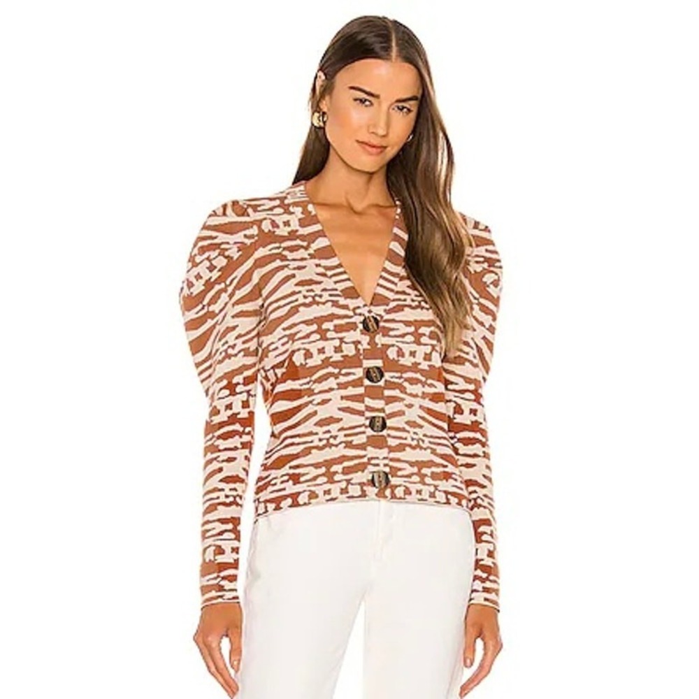 Ulla Johnson Rhea Cardigan Sweater XS Brown Animal Puff Sleeve Wool Jacquard